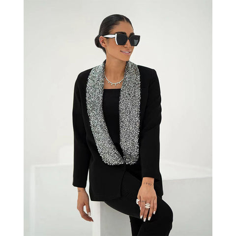 The Kareem Black Shiny Sequined Deep V-neck Blazer