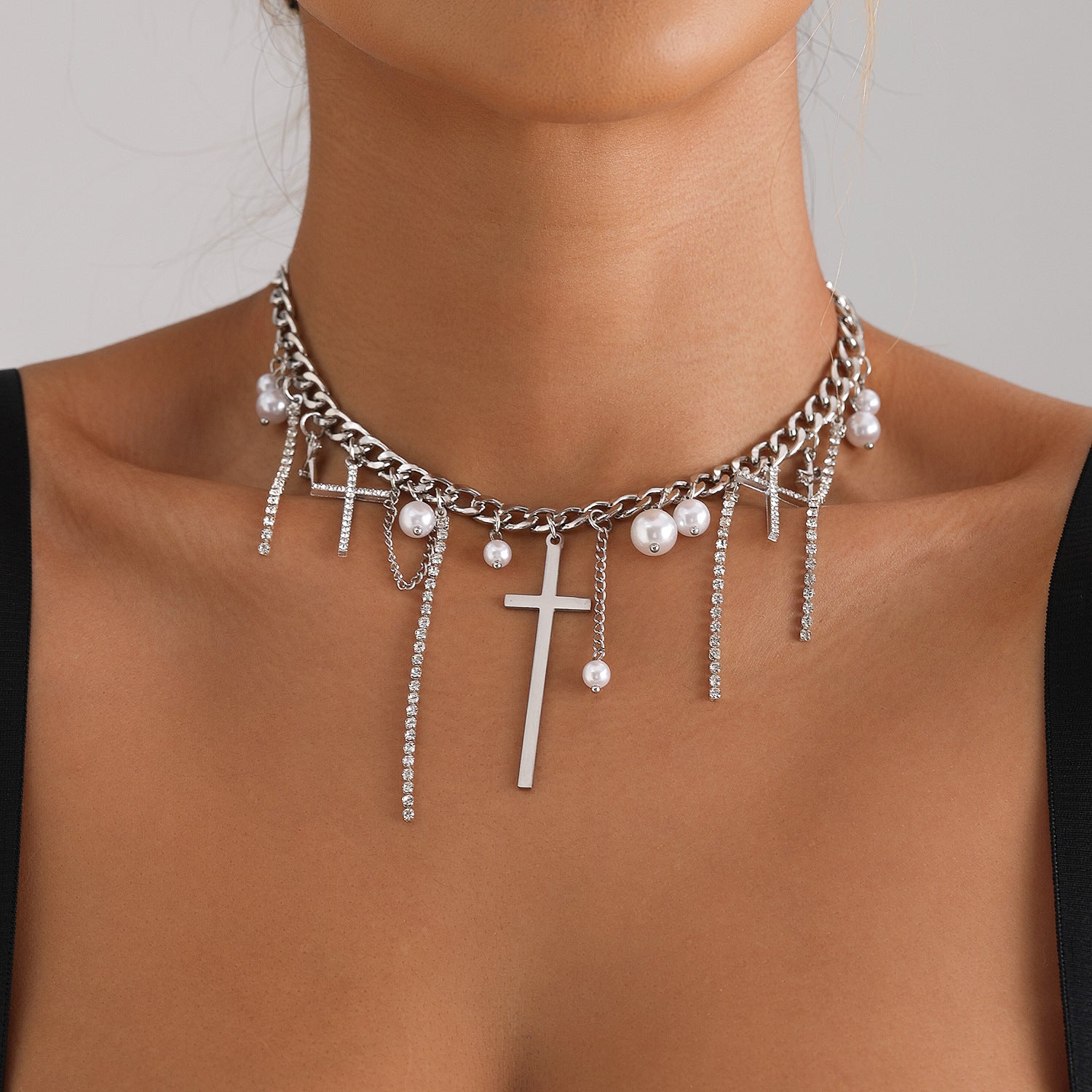 The Cross-Tassel Pearl Collarbone Chain Necklace