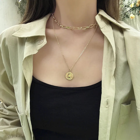 Coin Pendant Layer Choker Necklace