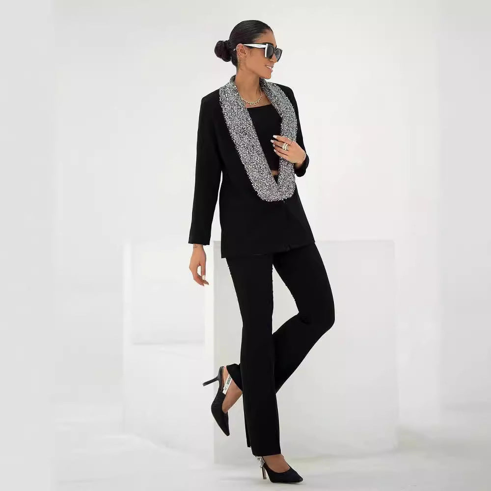 The Kareem Black Shiny Sequined Deep V-neck Blazer