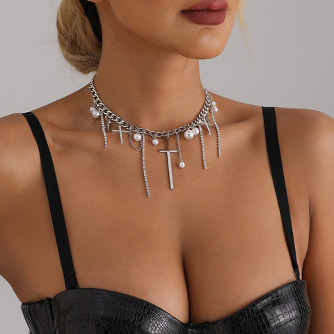 The Cross-Tassel Pearl Collarbone Chain Necklace